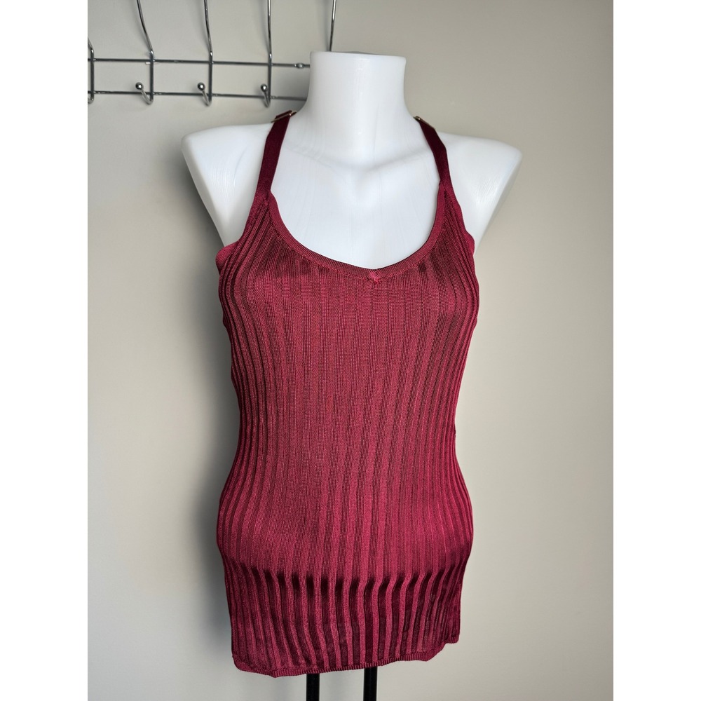 GUESS Womens Burgundy Wine Ribbed Halter Tank Top Size M Y2K Chic Sirencore